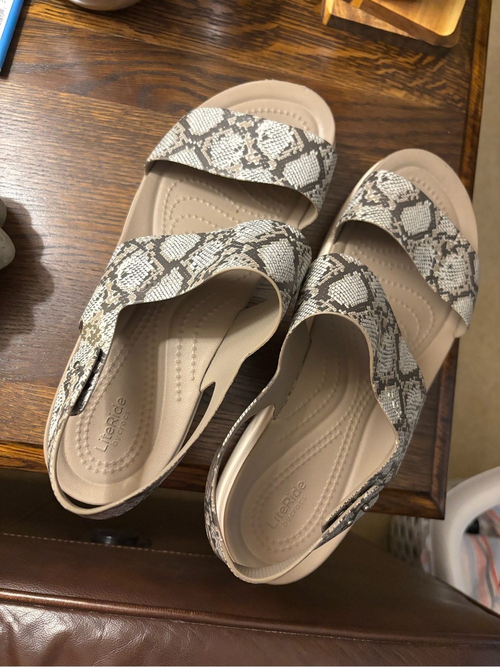 CROCS Women’s Snake-Print Slingback Sandals in Beige and Gray